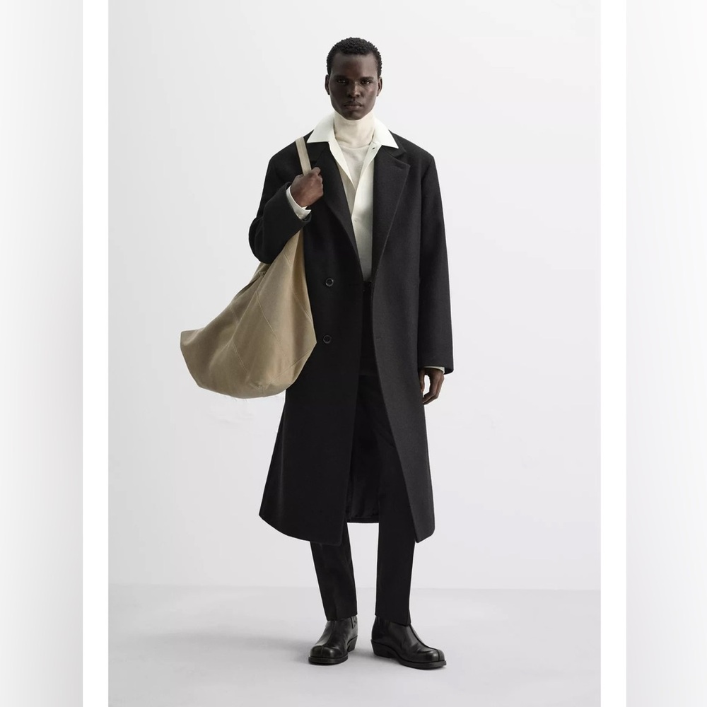 NEW ZARA BLACK long Coat JACKET relaxed fit size medium